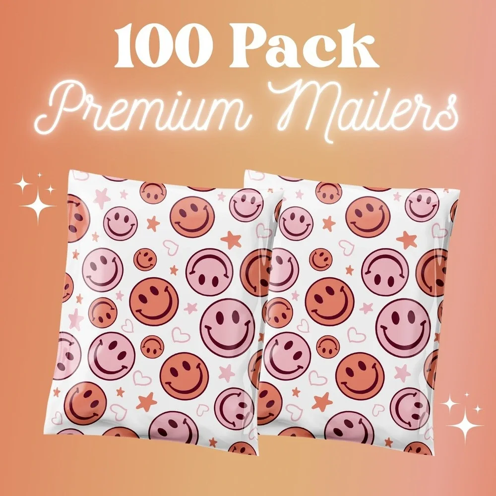 Pink Smiley Face Poly Mailers 10x13 Inch 100 Pack Shipping Supplies Happy Face
